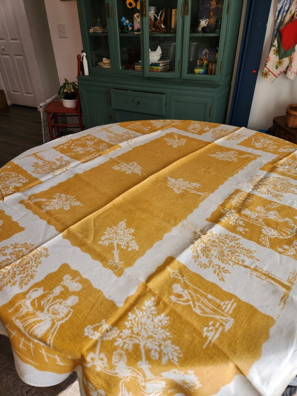 Vintage Mid Century Tablecloth Mustard Yellow Scenic Toile 63x49 MCM Cottage